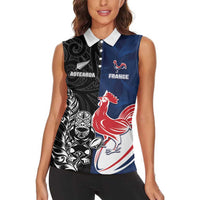 France And New Zealand Rugby Custom Women Sleeveless Polo Shirt Les Bleus Rooster With Maori Tiki LT05 - Polynesian Pride