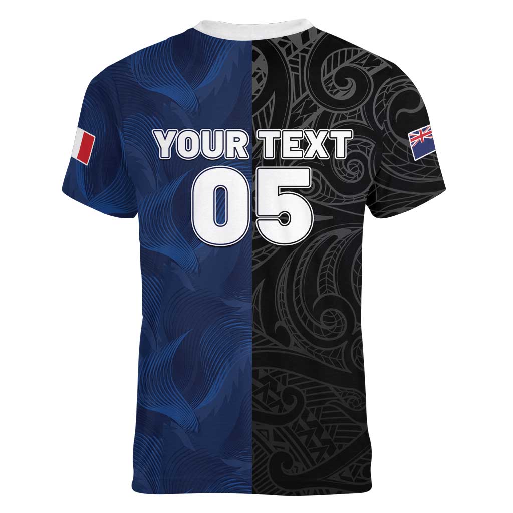France And New Zealand Rugby Custom Women V-Neck T-Shirt Les Bleus Rooster With Maori Tiki LT05 - Polynesian Pride