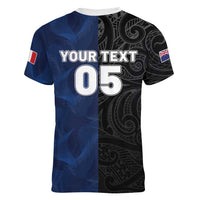 France And New Zealand Rugby Custom Women V-Neck T-Shirt Les Bleus Rooster With Maori Tiki LT05 - Polynesian Pride