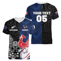 France And New Zealand Rugby Custom Women V-Neck T-Shirt Les Bleus Rooster With Maori Tiki LT05 - Polynesian Pride
