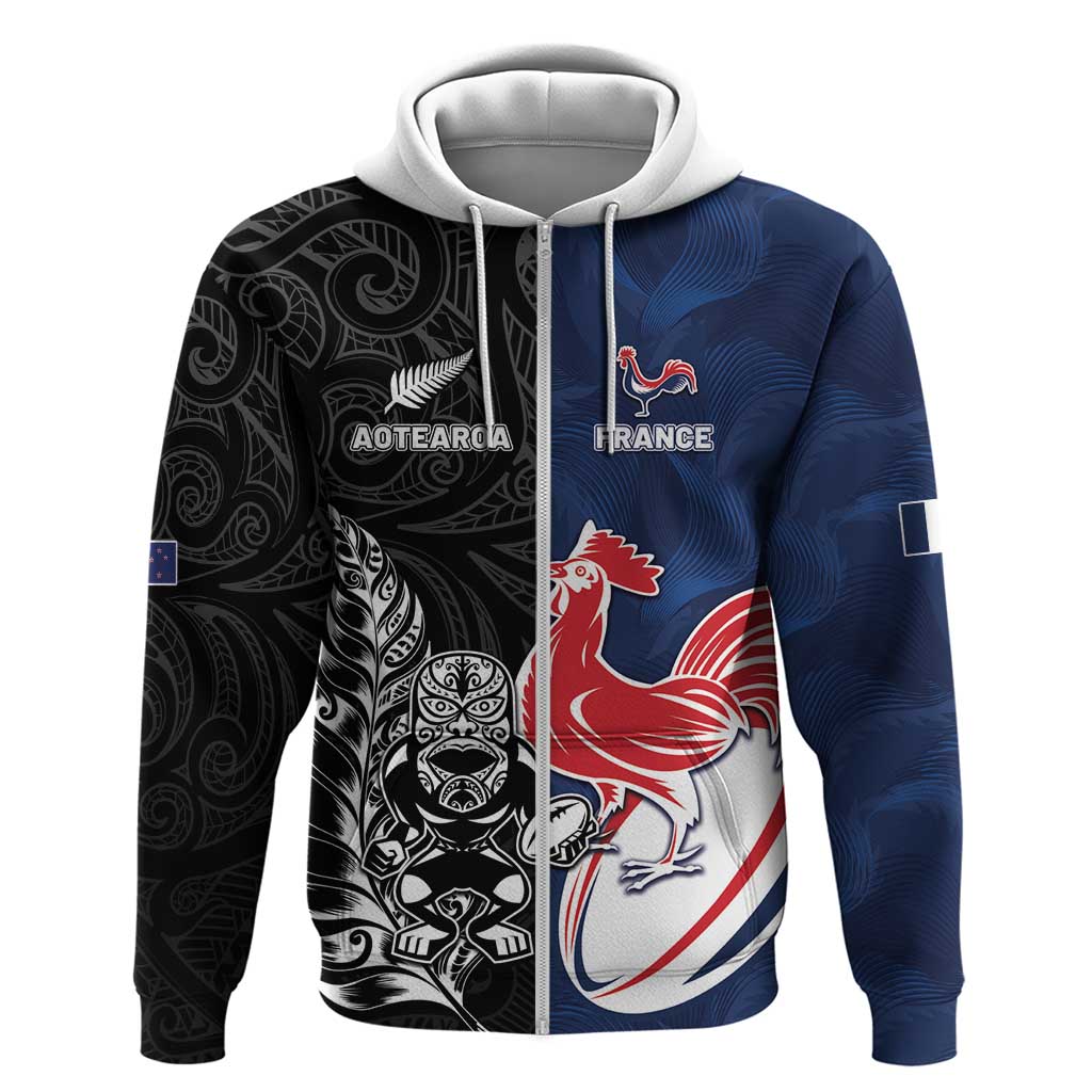 France And New Zealand Rugby Custom Zip Hoodie Les Bleus Rooster With Maori Tiki LT05 Zip Hoodie Black - Polynesian Pride