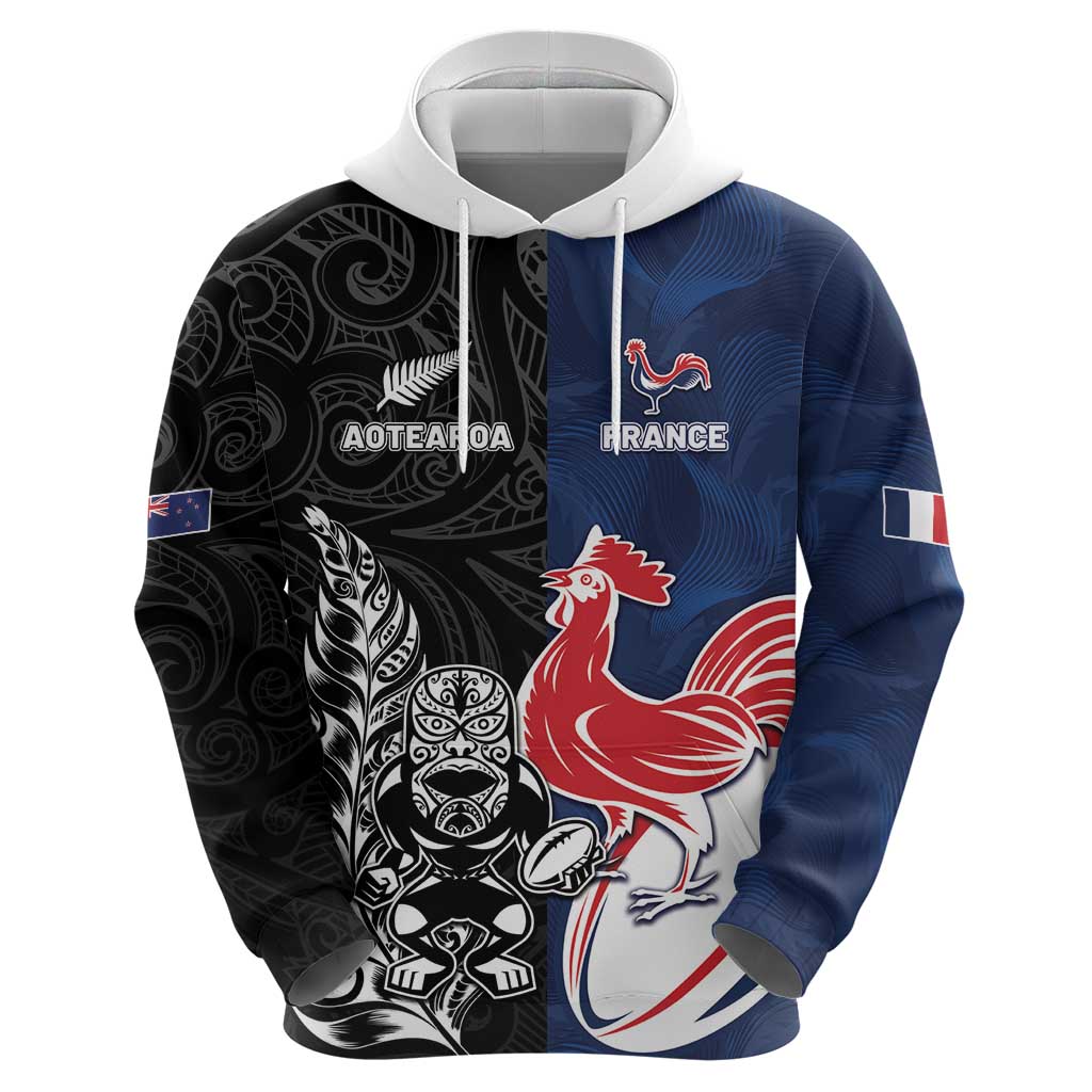France And New Zealand Rugby Custom Zip Hoodie Les Bleus Rooster With Maori Tiki LT05 - Polynesian Pride