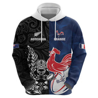 France And New Zealand Rugby Custom Zip Hoodie Les Bleus Rooster With Maori Tiki LT05 - Polynesian Pride