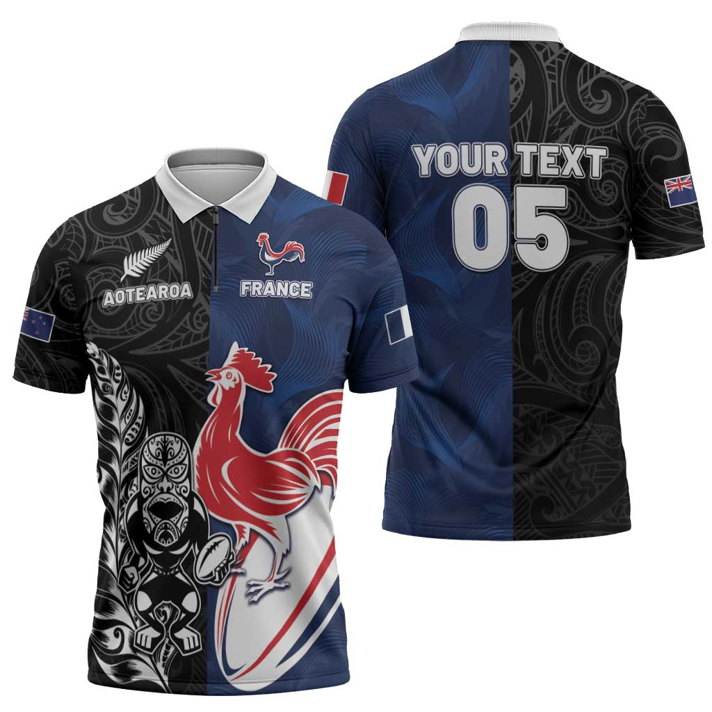 France And New Zealand Rugby Custom Zipper Polo Shirt Les Bleus Rooster With Maori Tiki LT05 - Polynesian Pride