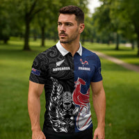 France And New Zealand Rugby Custom Zipper Polo Shirt Les Bleus Rooster With Maori Tiki LT05 - Polynesian Pride