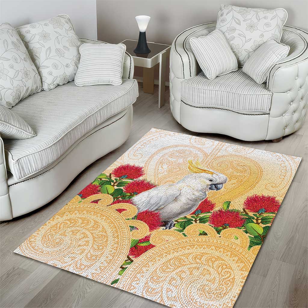New Zealand Aotearoa Cockatoo Area Rug Maori Pattern With Pohutukawa Flowers