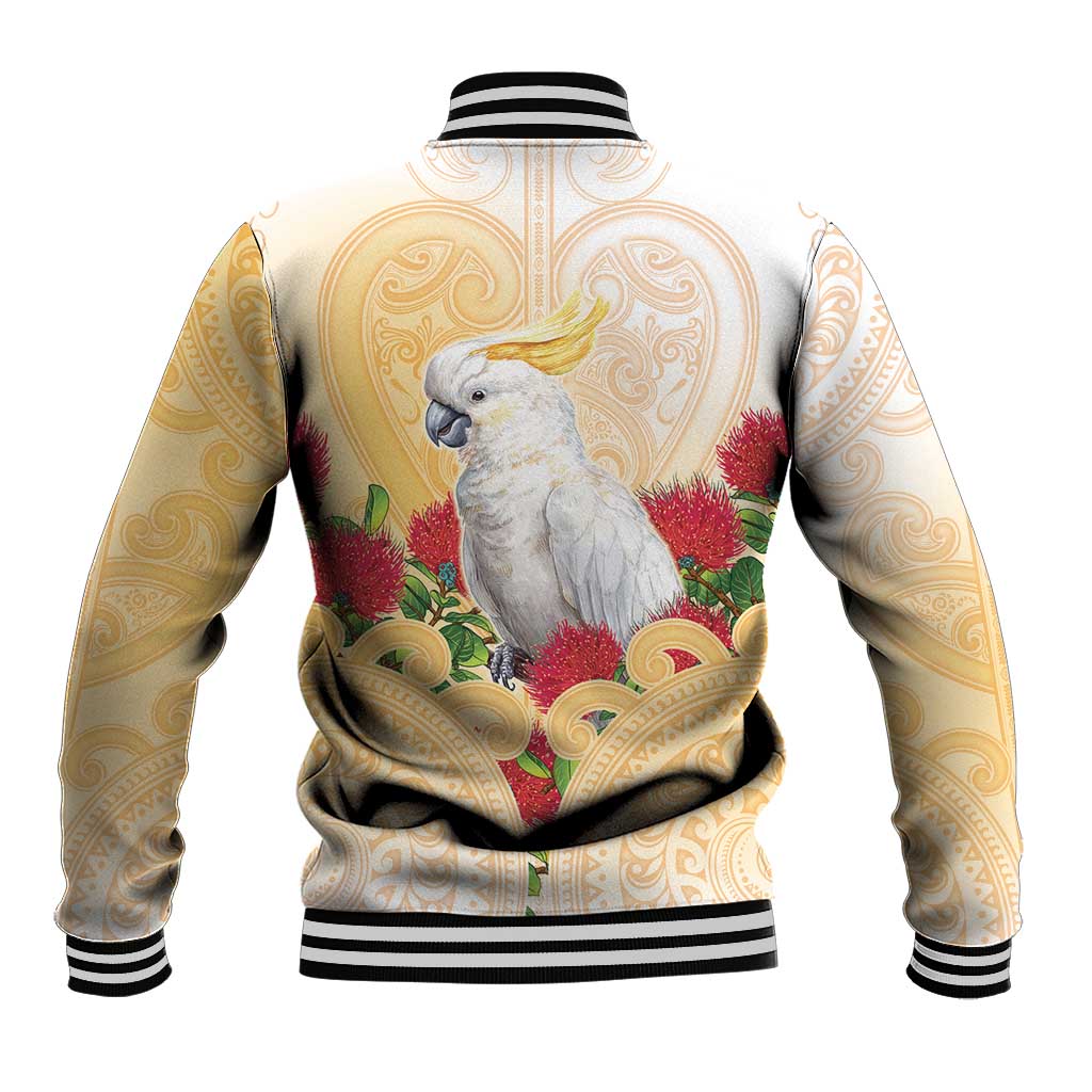 New Zealand Aotearoa Cockatoo Baseball Jacket Maori Pattern With Pohutukawa Flowers
