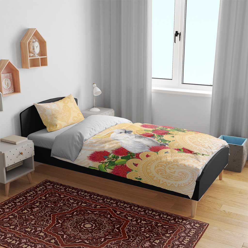 New Zealand Aotearoa Cockatoo Bedding Set Maori Pattern With Pohutukawa Flowers