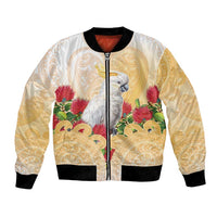 New Zealand Aotearoa Cockatoo Bomber Jacket Maori Pattern With Pohutukawa Flowers