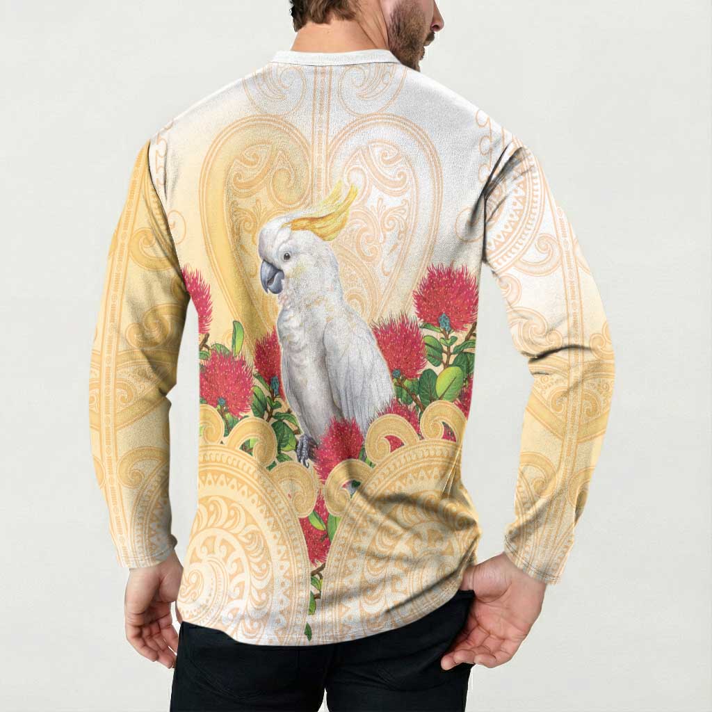 New Zealand Aotearoa Cockatoo Button Sweatshirt Maori Pattern With Pohutukawa Flowers