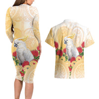 New Zealand Aotearoa Cockatoo Couples Matching Long Sleeve Bodycon Dress and Hawaiian Shirt Maori Pattern With Pohutukawa Flowers LT05 - Polynesian Pride