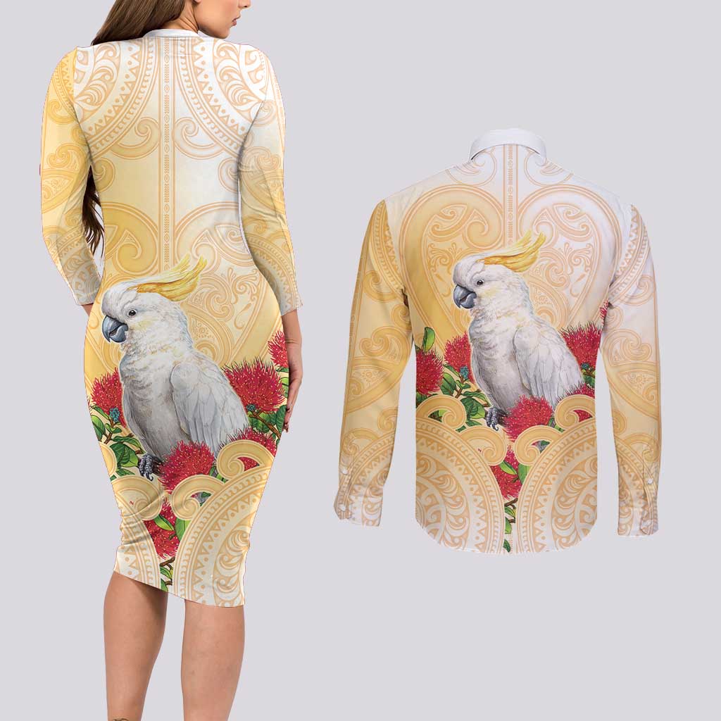 New Zealand Aotearoa Cockatoo Couples Matching Long Sleeve Bodycon Dress and Long Sleeve Button Shirt Maori Pattern With Pohutukawa Flowers LT05 - Polynesian Pride