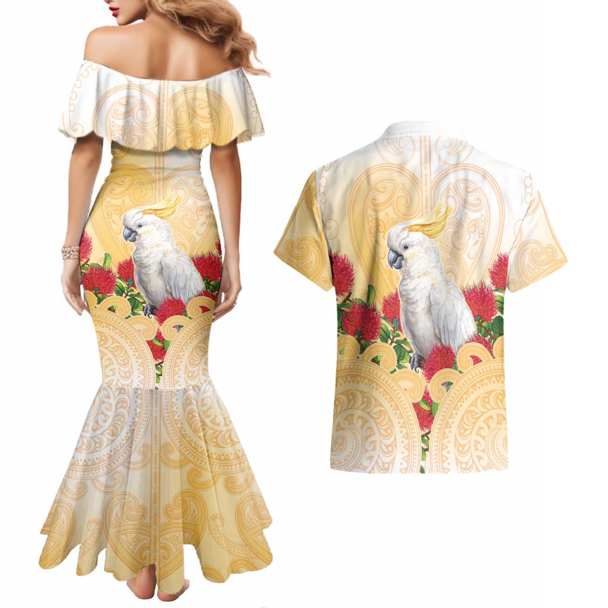 New Zealand Aotearoa Cockatoo Couples Matching Mermaid Dress and Hawaiian Shirt Maori Pattern With Pohutukawa Flowers LT05 - Polynesian Pride