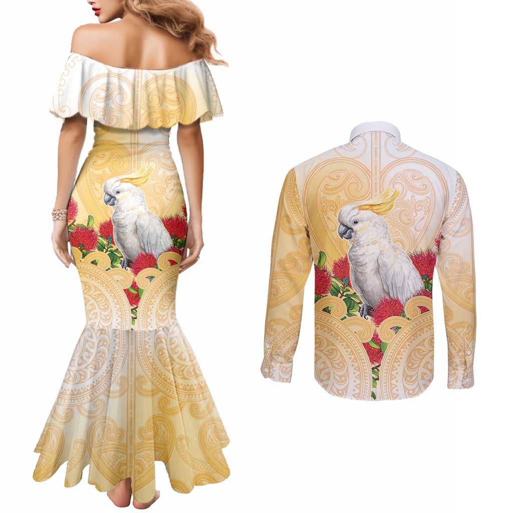 New Zealand Aotearoa Cockatoo Couples Matching Mermaid Dress and Long Sleeve Button Shirt Maori Pattern With Pohutukawa Flowers LT05 - Polynesian Pride