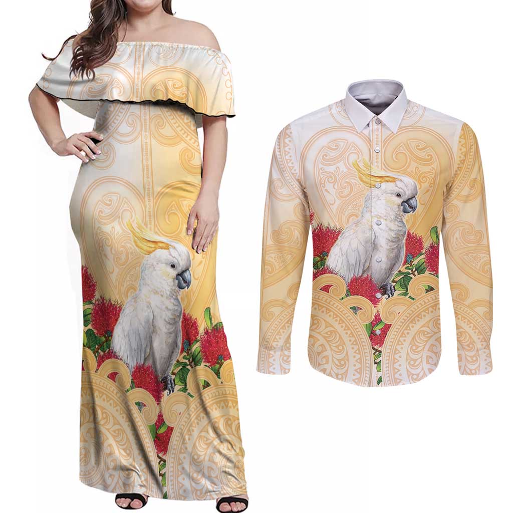 New Zealand Aotearoa Cockatoo Couples Matching Off Shoulder Maxi Dress and Long Sleeve Button Shirt Maori Pattern With Pohutukawa Flowers LT05 Beige - Polynesian Pride