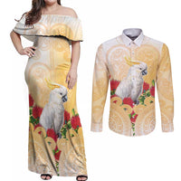 New Zealand Aotearoa Cockatoo Couples Matching Off Shoulder Maxi Dress and Long Sleeve Button Shirt Maori Pattern With Pohutukawa Flowers LT05 Beige - Polynesian Pride