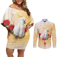 New Zealand Aotearoa Cockatoo Couples Matching Off Shoulder Short Dress and Long Sleeve Button Shirt Maori Pattern With Pohutukawa Flowers LT05 Beige - Polynesian Pride
