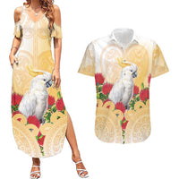 New Zealand Aotearoa Cockatoo Couples Matching Summer Maxi Dress and Hawaiian Shirt Maori Pattern With Pohutukawa Flowers LT05 Beige - Polynesian Pride