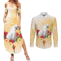 New Zealand Aotearoa Cockatoo Couples Matching Summer Maxi Dress and Long Sleeve Button Shirt Maori Pattern With Pohutukawa Flowers LT05 Beige - Polynesian Pride