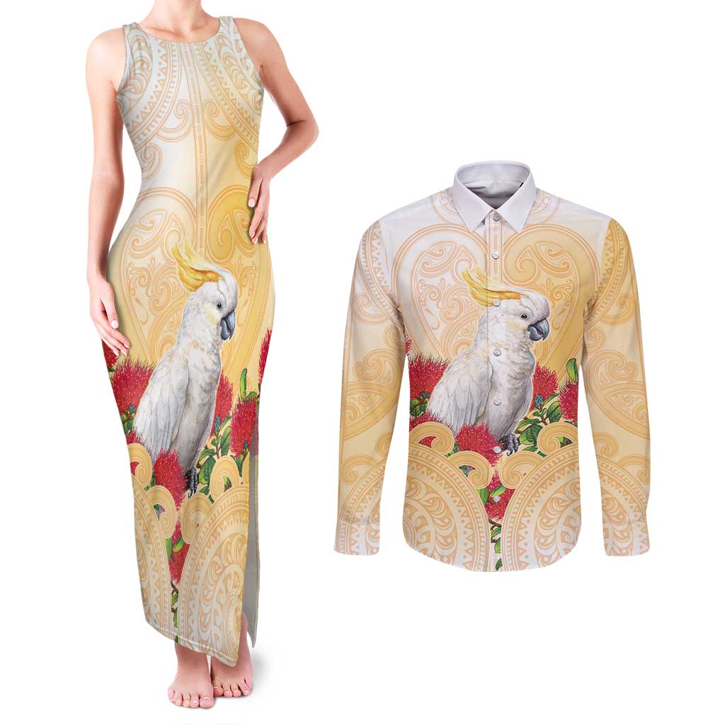 New Zealand Aotearoa Cockatoo Couples Matching Tank Maxi Dress and Long Sleeve Button Shirt Maori Pattern With Pohutukawa Flowers LT05 Beige - Polynesian Pride