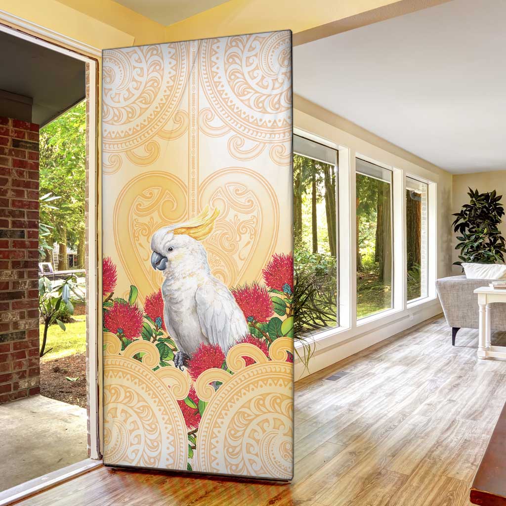 New Zealand Aotearoa Cockatoo Door Cover Maori Pattern With Pohutukawa Flowers