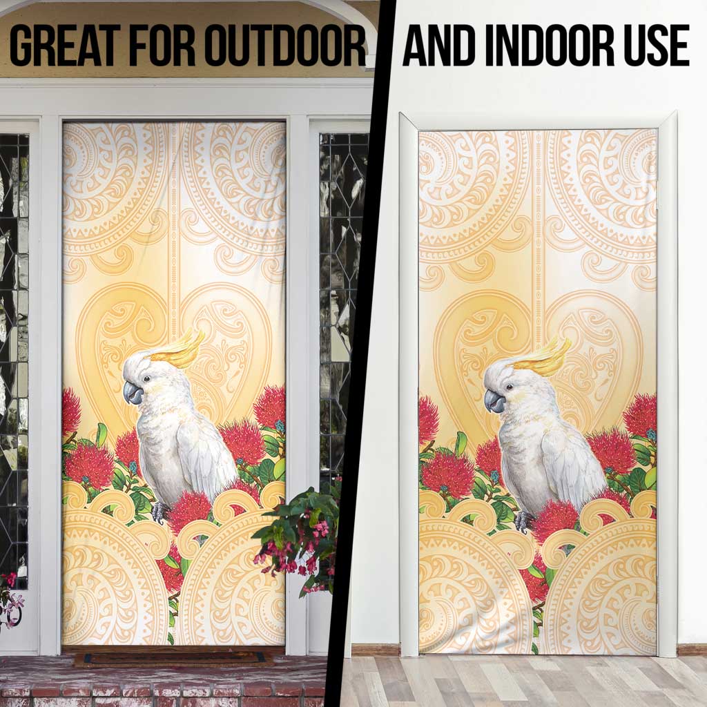 New Zealand Aotearoa Cockatoo Door Cover Maori Pattern With Pohutukawa Flowers