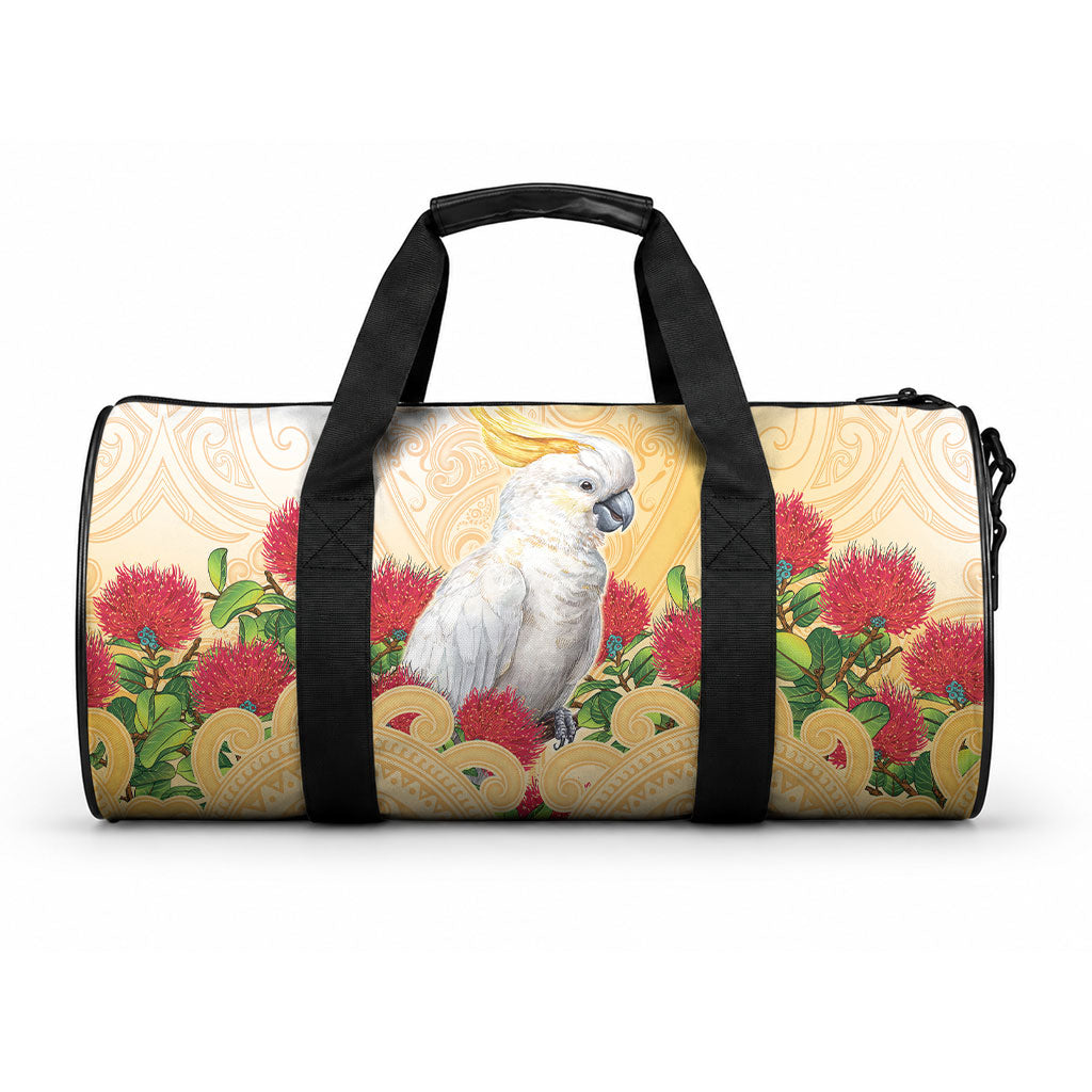 New Zealand Aotearoa Cockatoo Duffle Bag Maori Pattern With Pohutukawa Flowers LT05 One size Beige - Polynesian Pride