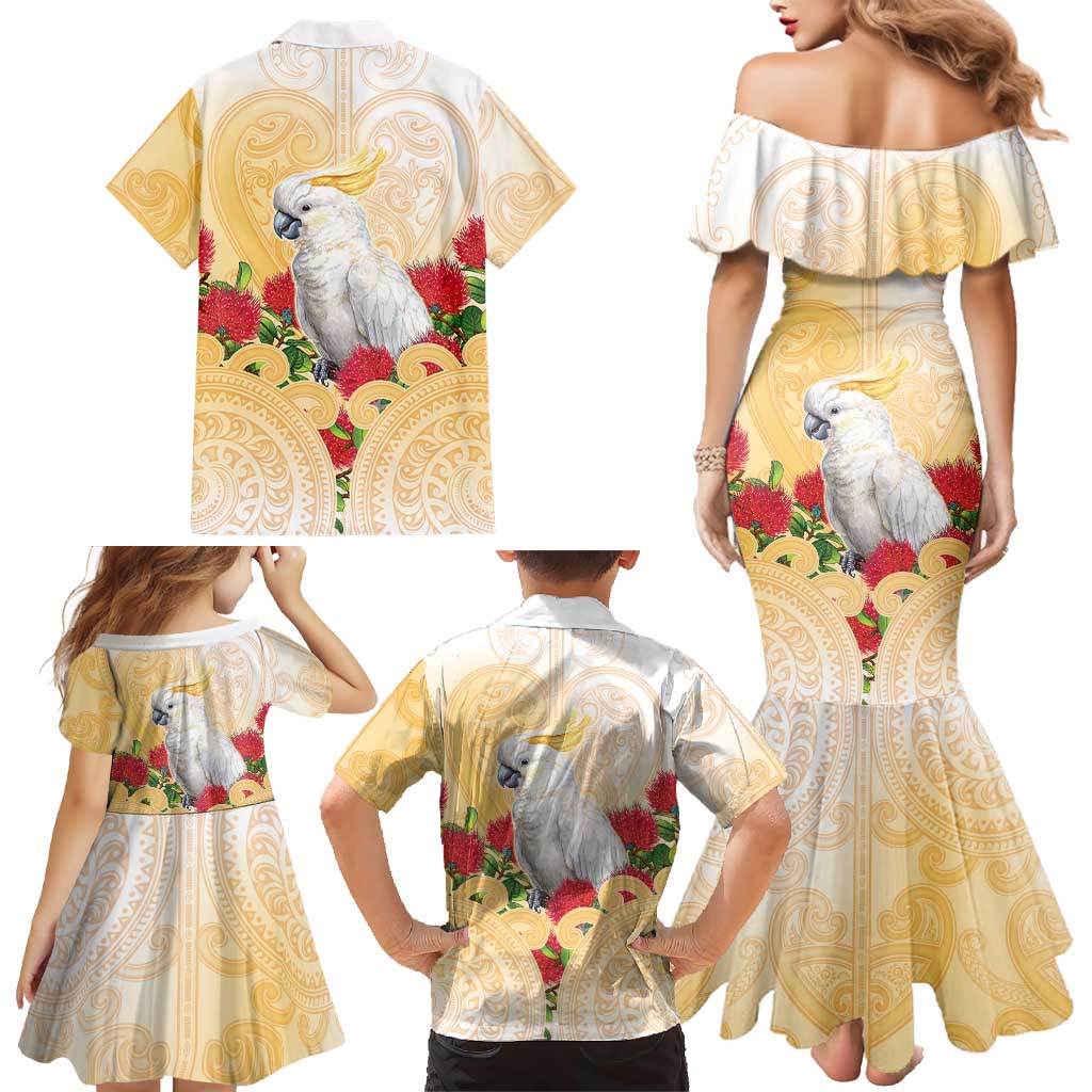New Zealand Aotearoa Cockatoo Family Matching Mermaid Dress and Hawaiian Shirt Maori Pattern With Pohutukawa Flowers LT05 - Polynesian Pride