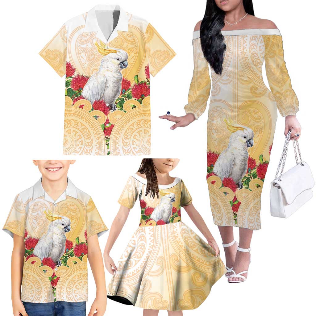 New Zealand Aotearoa Cockatoo Family Matching Off The Shoulder Long Sleeve Dress and Hawaiian Shirt Maori Pattern With Pohutukawa Flowers