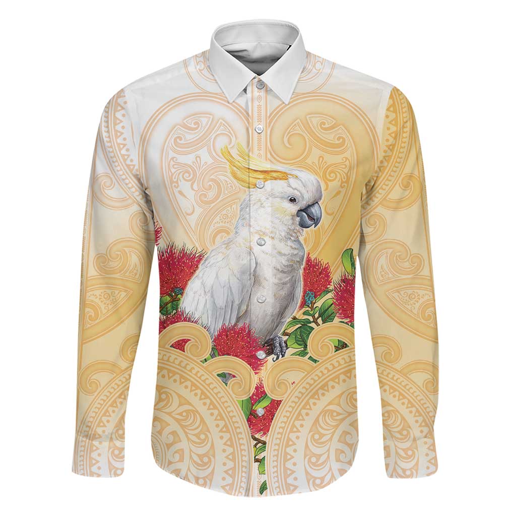 New Zealand Aotearoa Cockatoo Family Matching Off Shoulder Maxi Dress and Hawaiian Shirt Maori Pattern With Pohutukawa Flowers LT05 Dad's Shirt - Long Sleeve Beige - Polynesian Pride