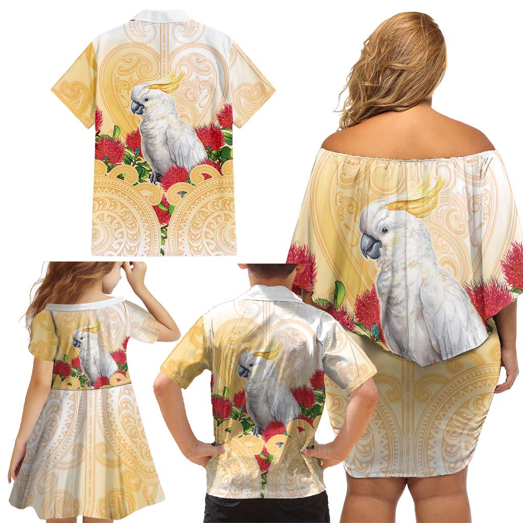 New Zealand Aotearoa Cockatoo Family Matching Off Shoulder Short Dress and Hawaiian Shirt Maori Pattern With Pohutukawa Flowers LT05 - Polynesian Pride