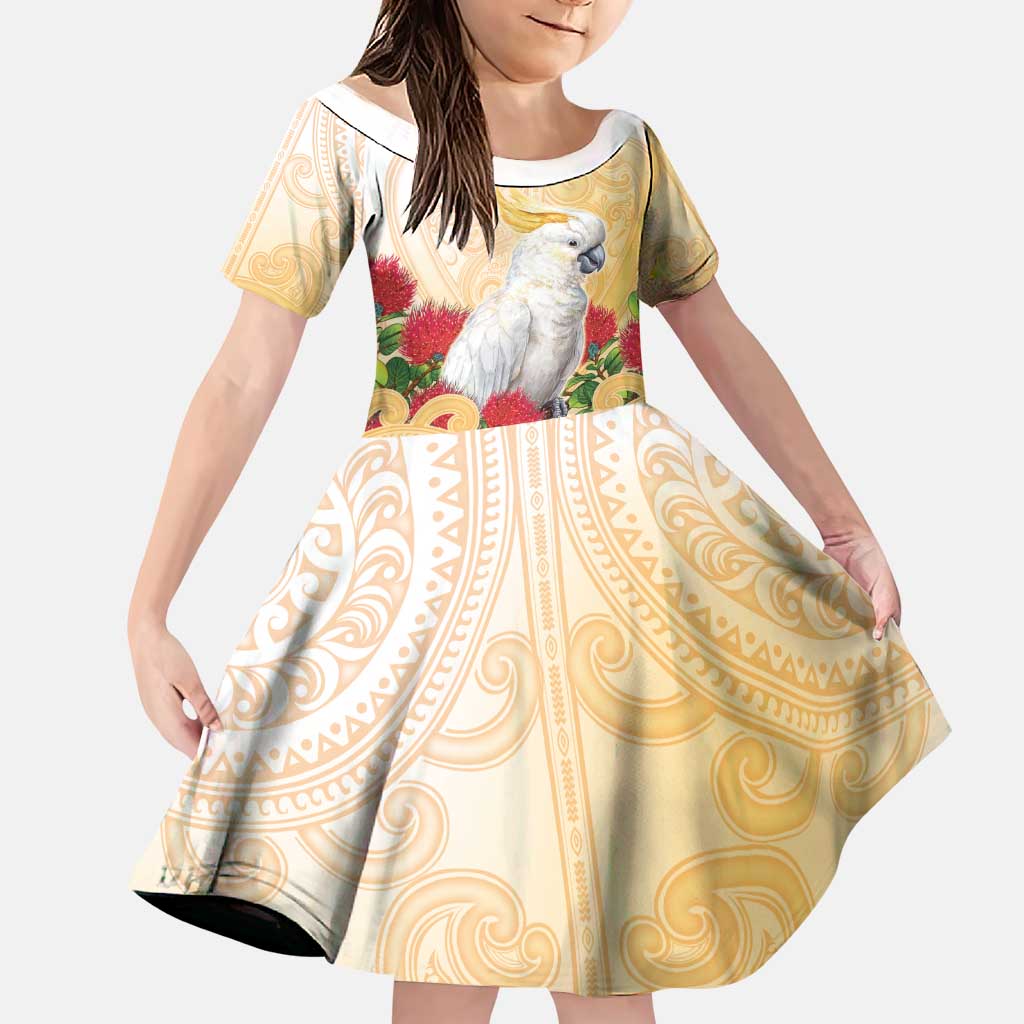 New Zealand Aotearoa Cockatoo Family Matching Puletasi and Hawaiian Shirt Maori Pattern With Pohutukawa Flowers LT05 Daughter's Dress Beige - Polynesian Pride