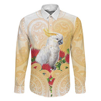 New Zealand Aotearoa Cockatoo Family Matching Puletasi and Hawaiian Shirt Maori Pattern With Pohutukawa Flowers LT05 Dad's Shirt - Long Sleeve Beige - Polynesian Pride