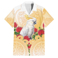 New Zealand Aotearoa Cockatoo Family Matching Short Sleeve Bodycon Dress and Hawaiian Shirt Maori Pattern With Pohutukawa Flowers LT05 Dad's Shirt - Short Sleeve Beige - Polynesian Pride