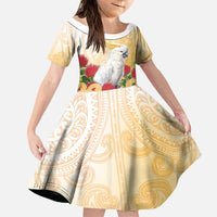 New Zealand Aotearoa Cockatoo Family Matching Tank Maxi Dress and Hawaiian Shirt Maori Pattern With Pohutukawa Flowers LT05 Daughter's Dress Beige - Polynesian Pride