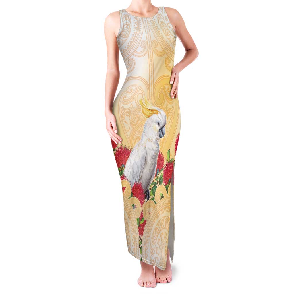 New Zealand Aotearoa Cockatoo Family Matching Tank Maxi Dress and Hawaiian Shirt Maori Pattern With Pohutukawa Flowers LT05 Mom's Dress Beige - Polynesian Pride