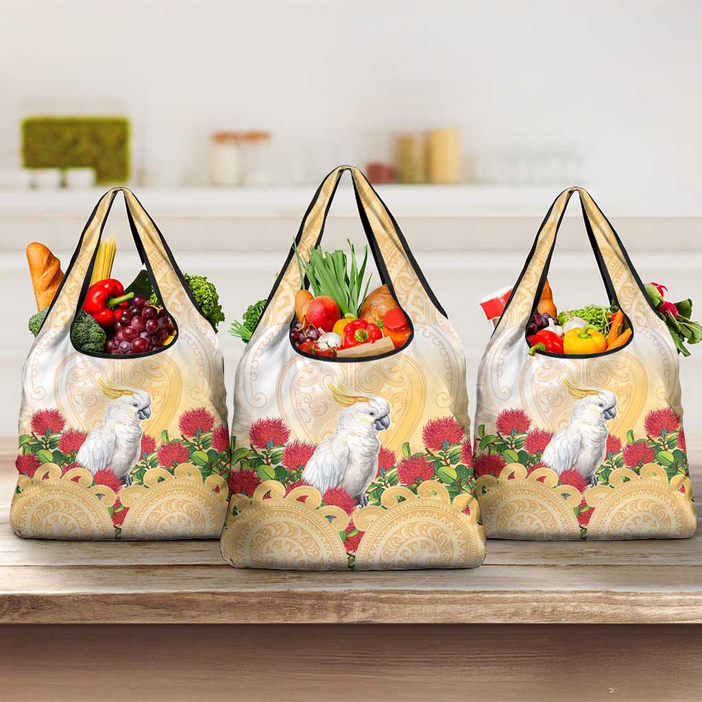 New Zealand Aotearoa Cockatoo Grocery Bag Maori Pattern With Pohutukawa Flowers