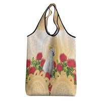 New Zealand Aotearoa Cockatoo Grocery Bag Maori Pattern With Pohutukawa Flowers