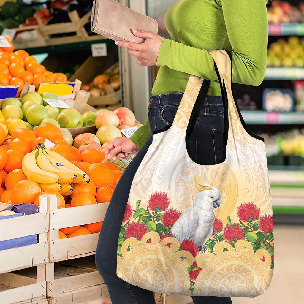 New Zealand Aotearoa Cockatoo Grocery Bag Maori Pattern With Pohutukawa Flowers