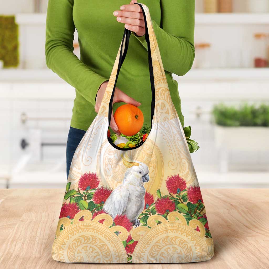 New Zealand Aotearoa Cockatoo Grocery Bag Maori Pattern With Pohutukawa Flowers