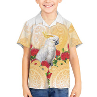 New Zealand Aotearoa Cockatoo Kid Hawaiian Shirt Maori Pattern With Pohutukawa Flowers LT05 Kid Beige - Polynesian Pride