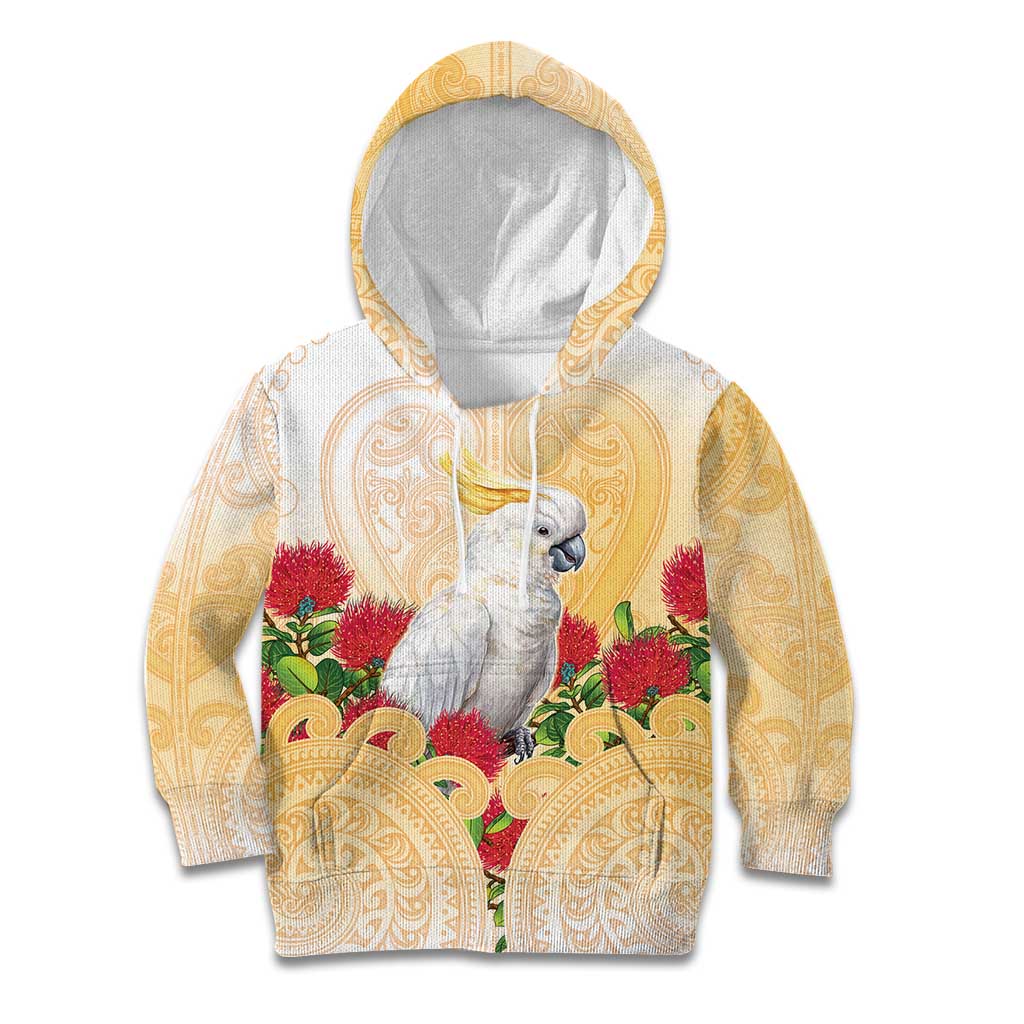 New Zealand Aotearoa Cockatoo Kid Hoodie Maori Pattern With Pohutukawa Flowers