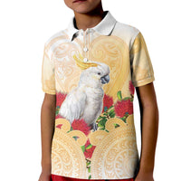 New Zealand Aotearoa Cockatoo Kid Polo Shirt Maori Pattern With Pohutukawa Flowers