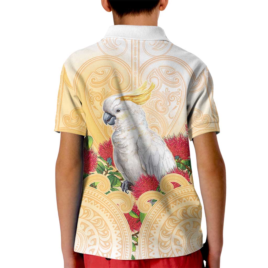 New Zealand Aotearoa Cockatoo Kid Polo Shirt Maori Pattern With Pohutukawa Flowers