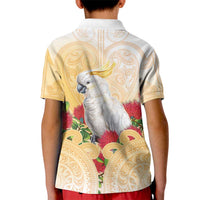 New Zealand Aotearoa Cockatoo Kid Polo Shirt Maori Pattern With Pohutukawa Flowers