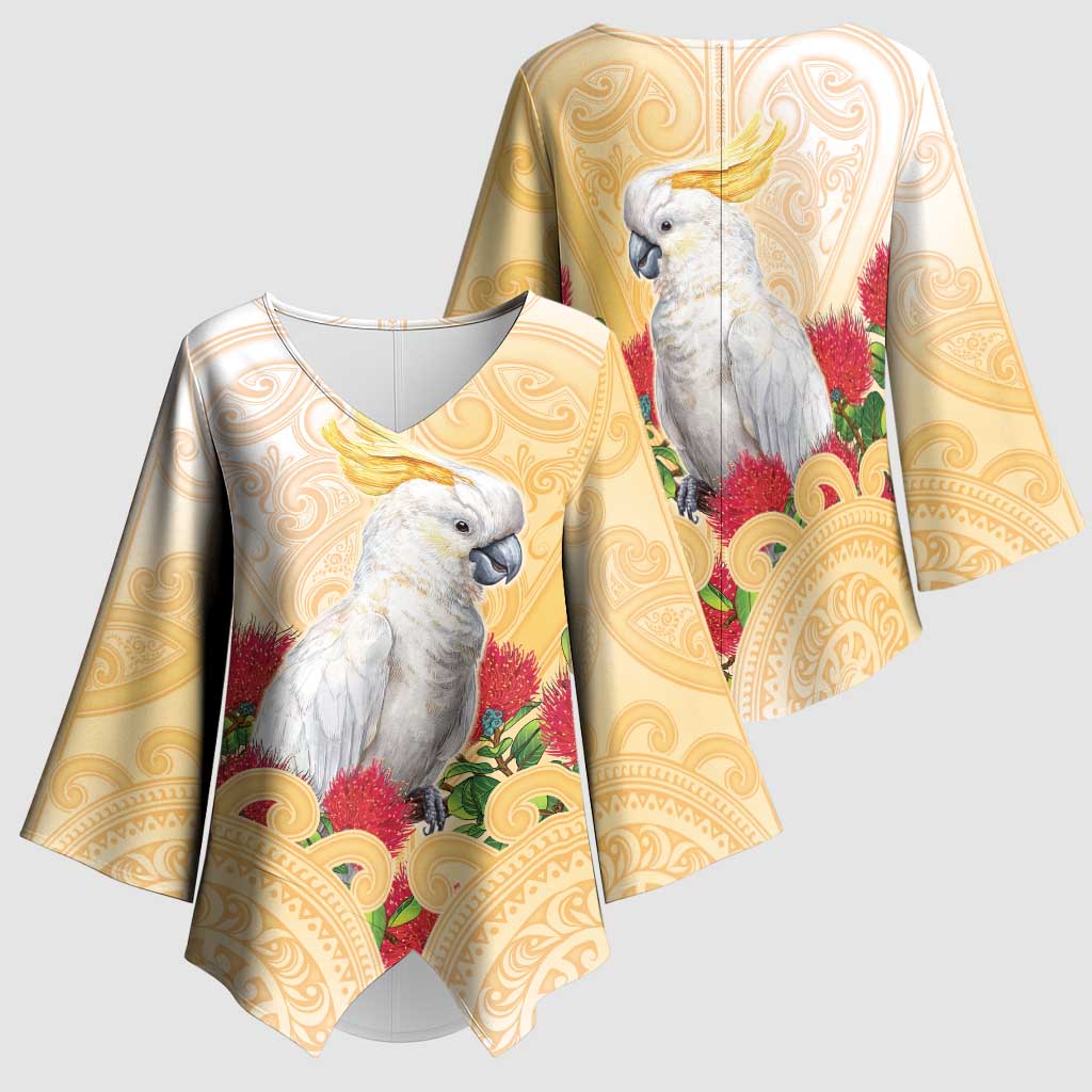 New Zealand Aotearoa Cockatoo Kimono Sleeve Blouse Maori Pattern With Pohutukawa Flowers
