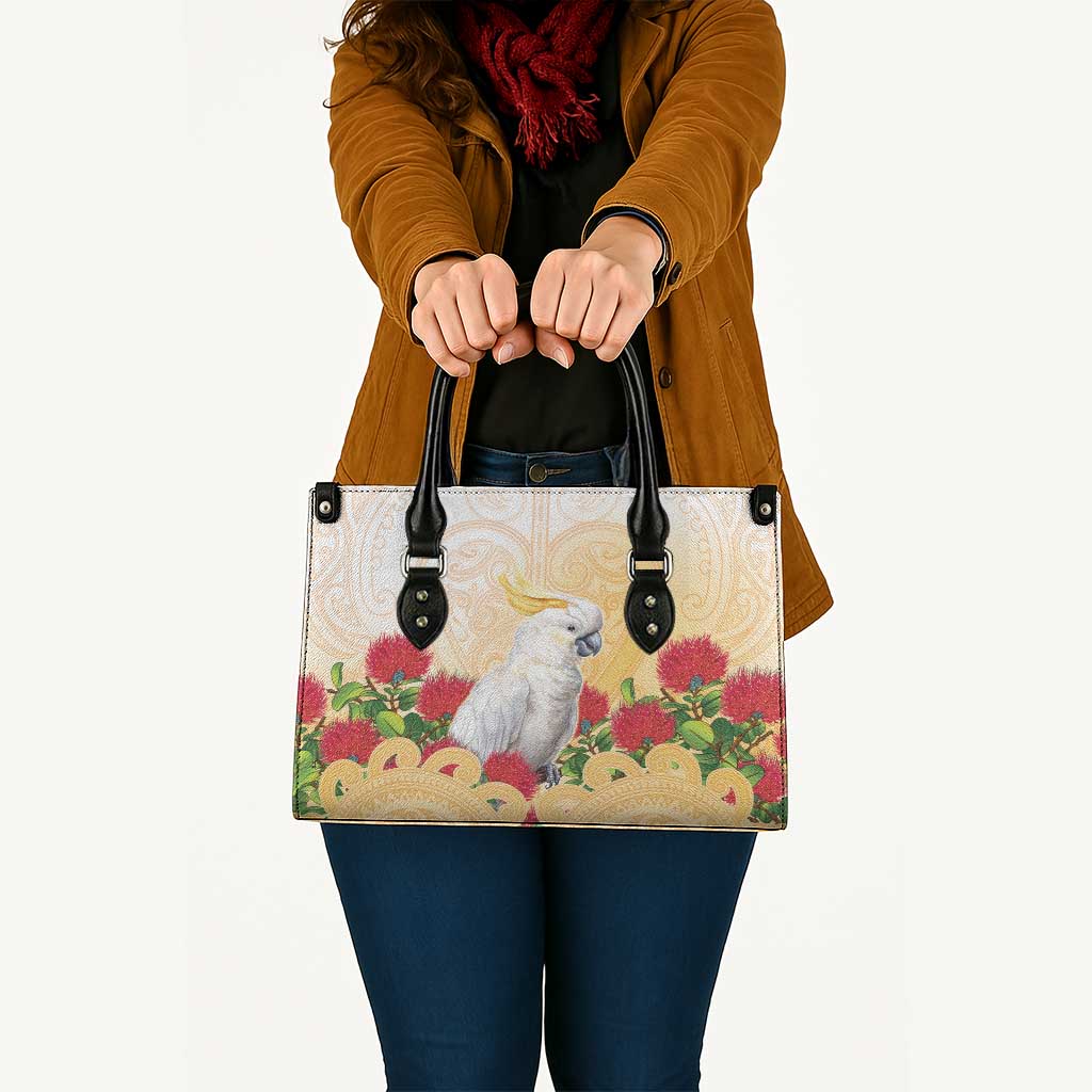 New Zealand Aotearoa Cockatoo Leather Bag Maori Pattern With Pohutukawa Flowers