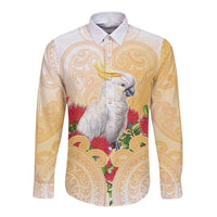 New Zealand Aotearoa Cockatoo Long Sleeve Button Shirt Maori Pattern With Pohutukawa Flowers