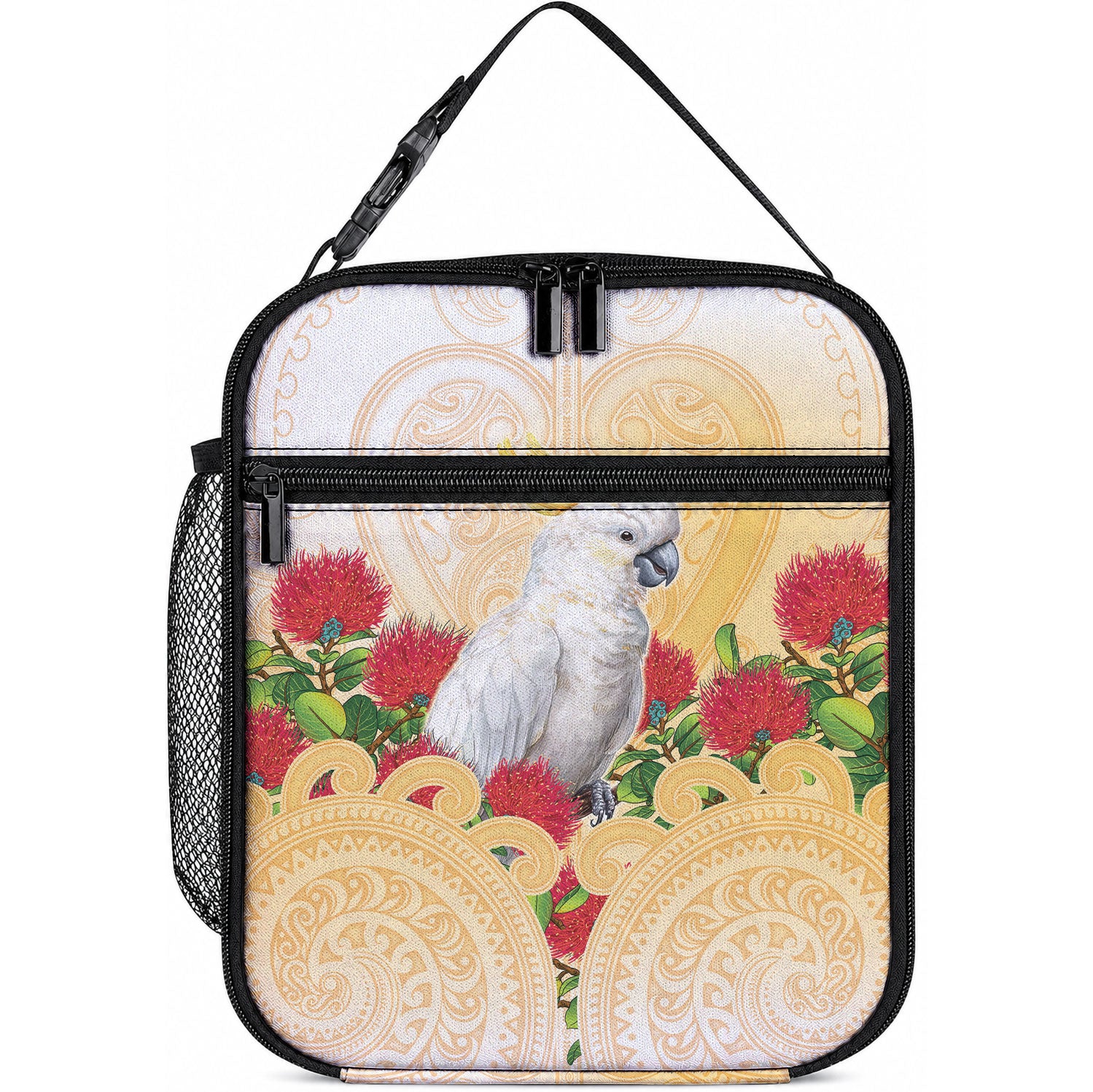 New Zealand Aotearoa Cockatoo Lunch Bag Maori Pattern With Pohutukawa Flowers LT05 10.2 × 8.3 × 4.3 inch Beige - Polynesian Pride