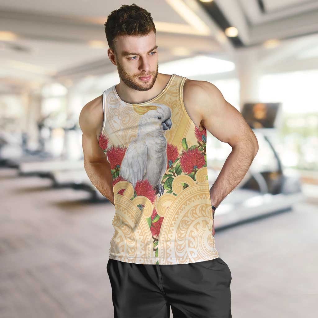 New Zealand Aotearoa Cockatoo Men Tank Top Maori Pattern With Pohutukawa Flowers